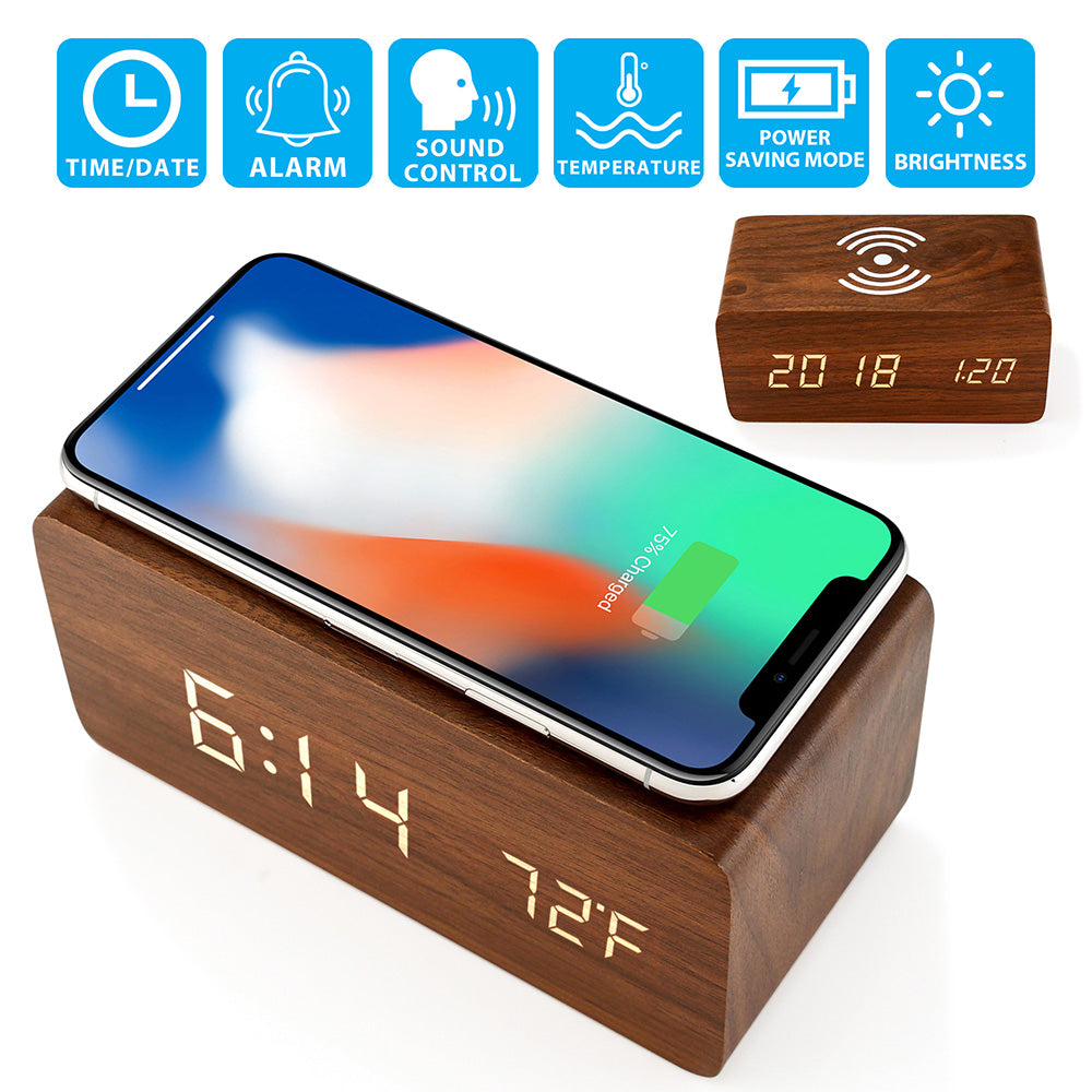 Techme Wooden Clock with Wirless Charging, Voice Control, Alarm Clock, Temp