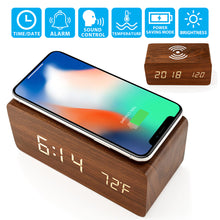 Load image into Gallery viewer, Techme Wooden Clock with Wirless Charging, Voice Control, Alarm Clock, Temp